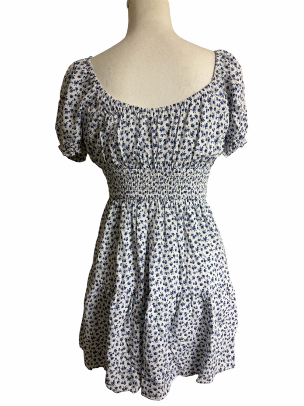 Hollister Blue Floral Smocked Waist Puff Sleeve Mini Dress